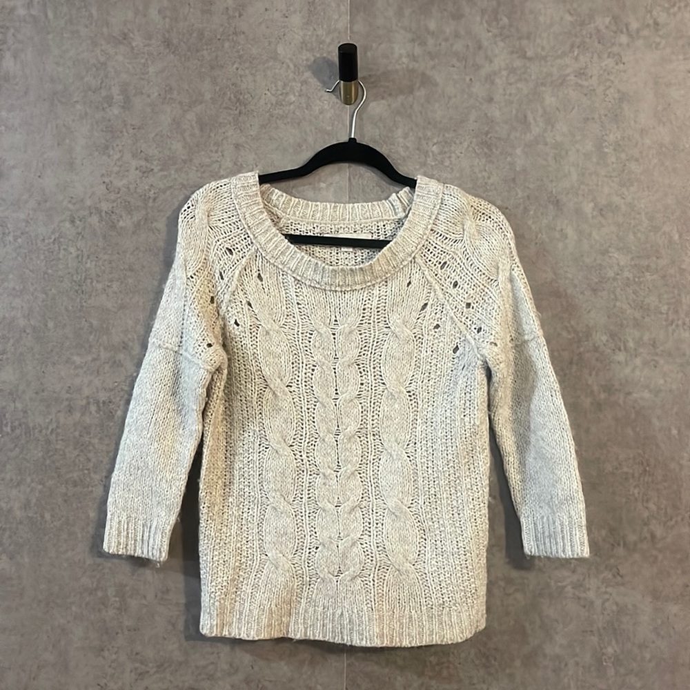 Loft Cotton Wool Tan Cream Eyelet Cableknit Crewneck Sweater 3/4 Bracelet Sleeve